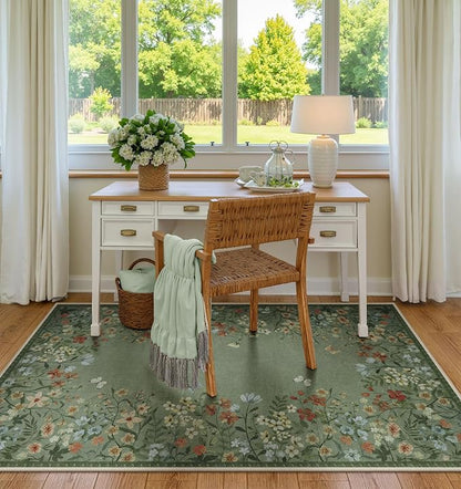 Wonnitar Washable Area Rug 4x6, Green Floral Rugs for Living Room, Non-Slip Large Kitchen Throw Mat, Low-Pile Indoor Botanical Floor Carpet for Girls Bedroom Laundry Entrance (Green,4'x6')