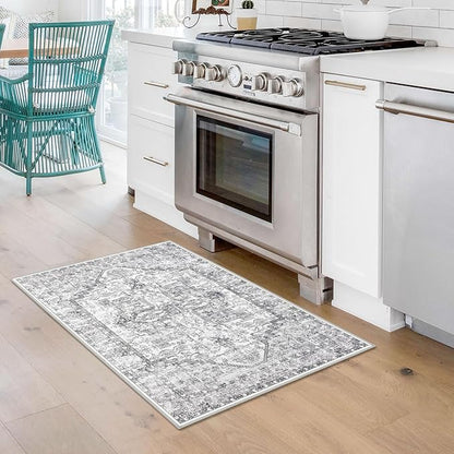 KOZYFLY Small Area Rug 2x3 Ft Rugs for Entryway Washable Boho Entry Rug Non Slip Door Mat Indoor Entrance Faux Wool Vintage Printed Kitchen Rug Throw Rugs for Entrance Kitchen, Gray