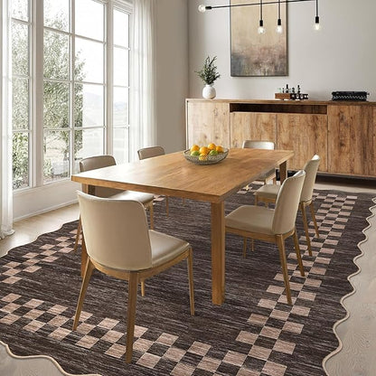 GarveeHome Washable Rug 5x7 for Living Room Large Bedroom Scalloped Rug Non Slip Stain Resistant Modern Border Throw Carpet Soft Boho Rug for Dining Room Nursery Home Office, Brown