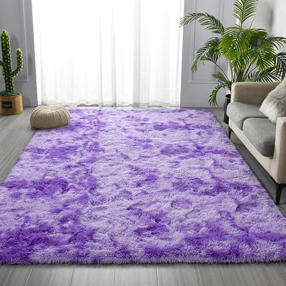 Large Shag Area Rugs 5 x 8, Tie-Dyed Plush Fuzzy Rugs for Living Room, Ultra Soft Fluffy Furry Rug for Bedroom, Indoor Carpet Nursery Rugs for Kids Room Home Decor, Purple