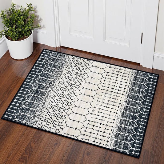 Lahome Moroccan Door Rugs for Entryway Indoor 2x3 Non-Slip Washable Front Door Mat Stain Resistant Untra-Thin Black Small Kitchen Rug, Geometric Print Inside Door Mats for Home Entrance Bathroom Sink