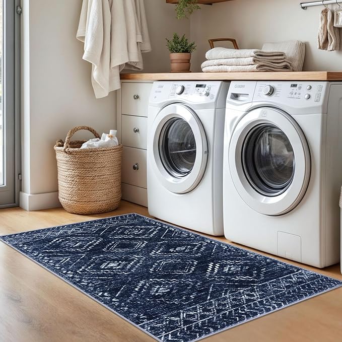 KILOCOCO Boho Entryway Rug 3x5 Area Rug Washable Non Slip Printed Throw Rugs Soft for Kitchen Living Room Dining Bedroom Geometric Moroccan Carpet, Dark Blue