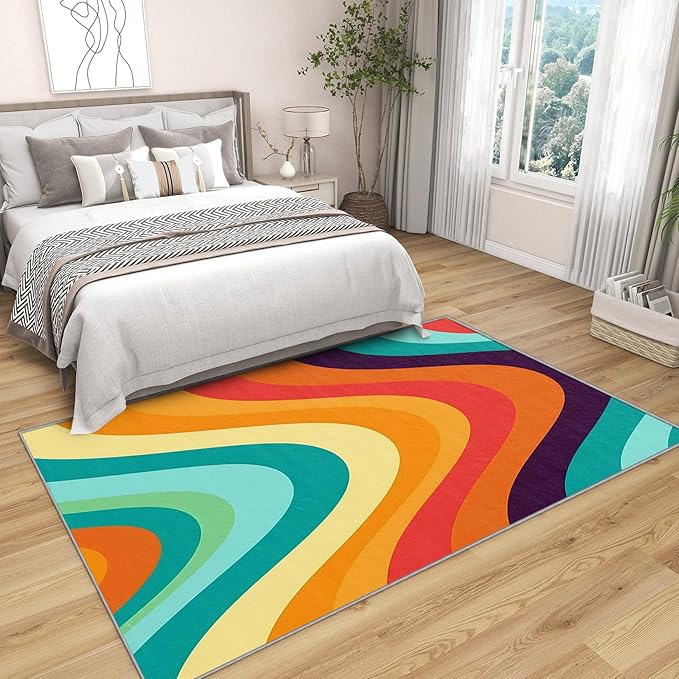 Retro Rugs for Living Room 70s - 7x9 ft, Abstract Wave Rug, Colorful Rainbow Rugs For Living Room Bedroom, Groovy Geometric Washable Area Rug Soft Carpet, Mid Century Retro 70s Home Decor & Gift