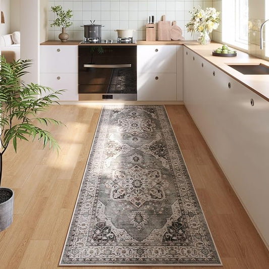 Rugcomf Vintage Medallion Kitchen Rugs Non Slip Washable 2'7"x8' - Low Pile Runner Rug, Boho Carpet for Hallways, Laundry, Bedroom, Bathroom - Grey and White