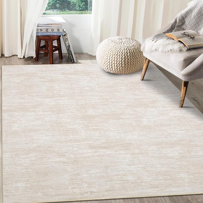RUGSREAL Bedroom Area Rug 4x6 Modern Abstract Area Rug Stain Resistant Small Living Room Rug Contemporary Dining Room Rug Non-Slip Solid Rug Aesthetic Accent Floor Carpet for Kitchen Office, Beige