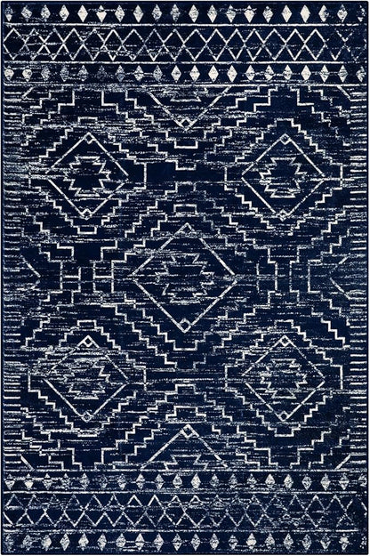 Wonnitar Moroccan Washable 6x9 Rug, Blue Large Living Room Area Rug, Non-Slip Boho Soft Rug for Bedroom, Non-Shedding Ultra-Thin Geometric Carpet for Dining Room Kitchen Basement (Blue,6'x9')