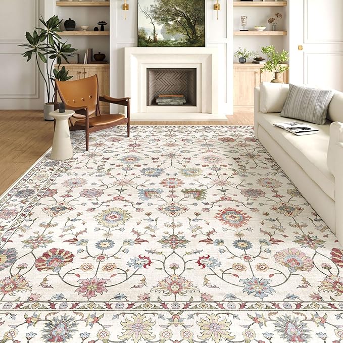 Area Rugs 10x14 Living Room - Large Washable Cream Boho Rugs for Bedroom Soft Vintage Rug Ultra-Thin Colorful Traditional Floral Carpet Bohemian Rug for Dining Room Guest Room Home Decor