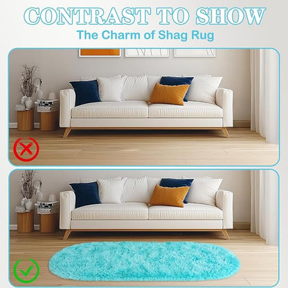 Soft Fluffy Area Rug for Bedroom, Teal Blue Fuzzy Shaggy Oval Throw Rugs for Bedside, Non-Slip Cozy Plush Shag Carpet for Kids Room Nursery Dorm Living Room, 2.6 x 5.3 Feet