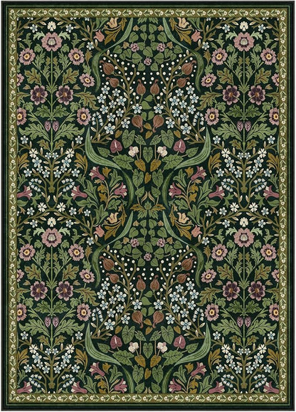Lahome Floral 5x7 Washable Living Room Rugs, Green Area Rugs for Bedroom Rubber Backed, Botanical Thin Stain-Resistant Carpet for Dining Room, Guestroom, Kids Room, Living Room Decor