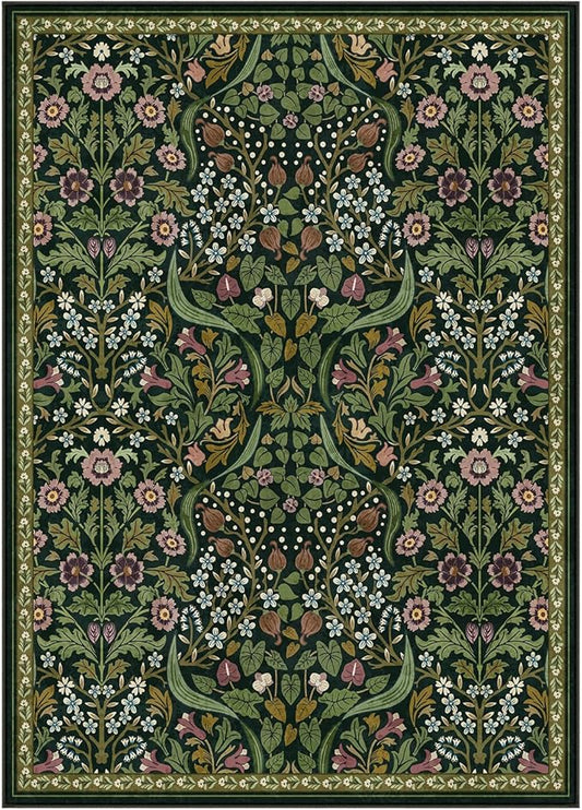 Lahome Floral 5x7 Washable Living Room Rugs, Green Area Rugs for Bedroom Rubber Backed, Botanical Thin Stain-Resistant Carpet for Dining Room, Guestroom, Kids Room, Living Room Decor