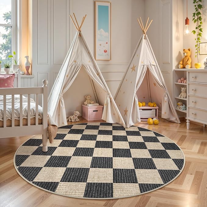 LIVEBOX Checkered Round Rug 4 Ft Washable Area Rug for Playroom, Kids Non-Slip Neutral Classic Circle Rug Geometric Large Carpet Soft Boys Rug for Classroom Dorm Bedroom(Black,120R)