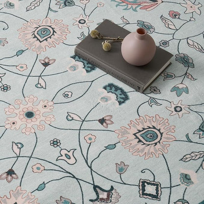 EVERGRACE Hallyway Area Runner Rugs 2x6, Boho Floral Faux Wool Indoor Outdoor Rugs, Washable Rugs for Bedroom Bathroom Living Room Kitchen, Low Pile Floor Mat Carpet for Home Decor, Pale Blue
