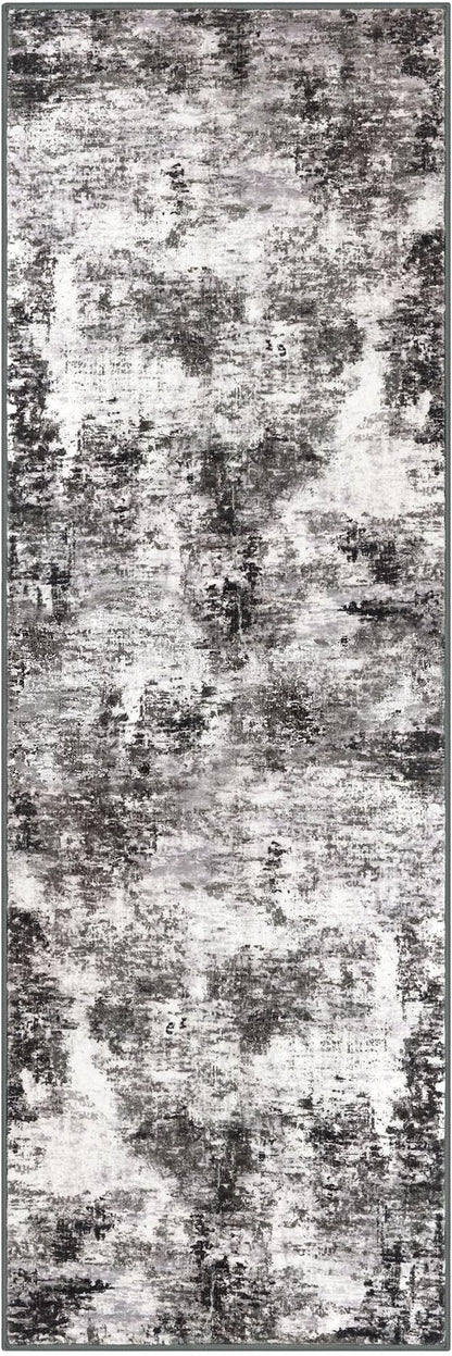 Modern Abstract Runner Rug 2x6, Black Grey Washable Kitchen Runner Non-Slip Soft Hallway Rug Runner Thin Print Faux Wool Carpet for Entryway Bedroom Laundry Room Indoor Home Decor