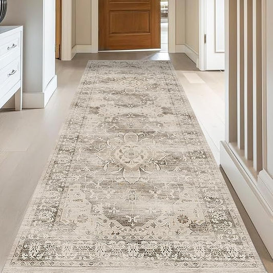 Washable Runner Rugs for Entryway 2x6 Non-Slip Low Pile Vintage Runners for Bedside Hallways Beige