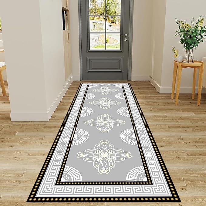 Boho Long Runners Carpet, 1.3x7ft, Modern Geometric Bohemian Print with Greek Key Grey Long Hallway Rug, Low-Profile Non Slip Rubber Backed Flat Rugs for Relax Room Entryways