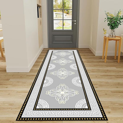 Boho Long Runners Carpet, 2x7ft, Modern Geometric Bohemian Print with Greek Key Grey Long Hallway Rug, Low-Profile Non Slip Rubber Backed Flat Rugs for Relax Room Entryways