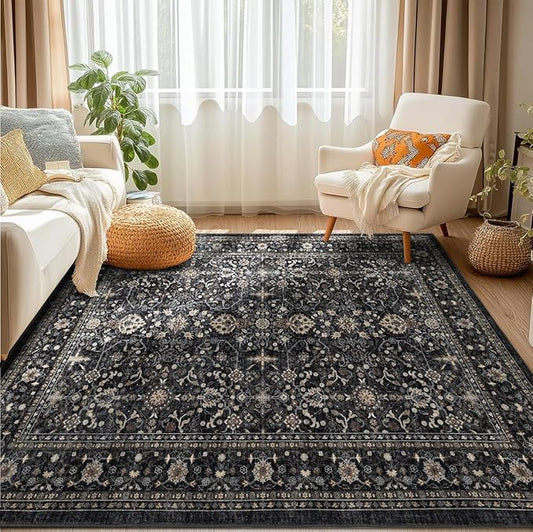 Area Rug Non Slip Machine Washable Ultra Soft Living Room/Bedroom/Kitchen/Outdoor/Classroom Black Grey, 5'×7'