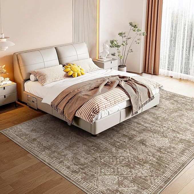 WITSHOCK 5x7 Area Rugs for Living Room: Machine Washable Non Slip Modern Abstract Carpet - Low Pile Print Rug for Bedroom Dining Room - Stain Resistant for Household - Pet Owners (Earthy Brown)
