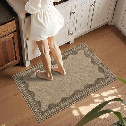Scalloped Easy Jute Entryway Rug 2x3 Indoor Outdoor Front Door Mat Washable Non Slip Farmhouse Neutral Low Pile Small Rug for Entryway Proch Kitchen