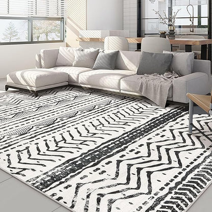 Nakagishi Area Rug Living Room Rugs: 6X9 Machine Washable Boho Large Neutral Farmhouse Stain Resistant Moroccan Indoor Floor Carpet for Bedroom Nursery Dorm Dining Room Home-Ivory Black