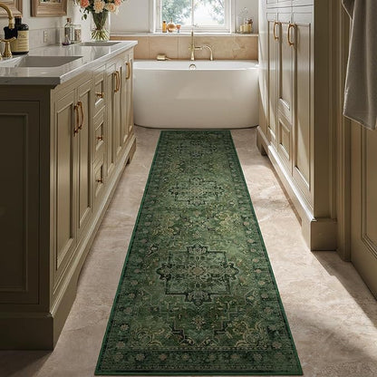 Dark Green 2'6''x8' Kitchen Runner Rug, Retro Distressed Moody Medallion Runners for Hallways Non Slip Washable, Low Pile Thin Entryway Runner Rug Indoor Foyer Mudroom Bedroom