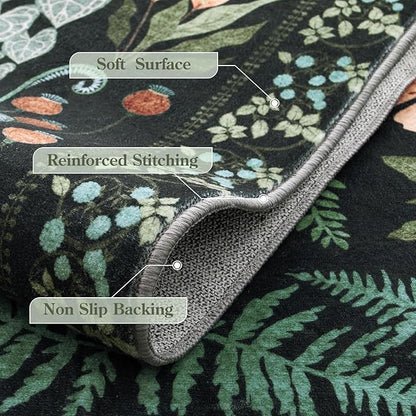 Floral Boho 3x5 Black Bathroom Entryway Kitchen Rug Non Slip Washable, Botanical Flower Area Rugs for Bedroom, Soft Modern Indoor Throw Carpet for Laundry Living Room Entrance (Black,3 x 5)