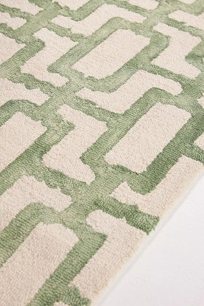 Hand-Tufted Wool Marengo Rug in Green – Modern Geometric Pattern Carpet for Living Room & Bedroom – Durable & Soft– 12 x 18