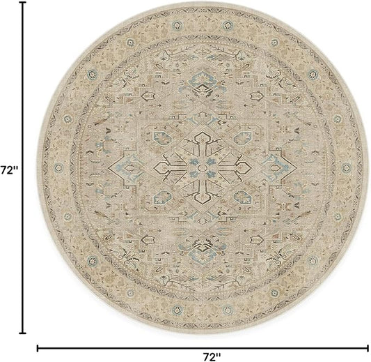 RUGGABLE Washable Vintage Area Rug – Kamran Ivory Opal 6 ft Round, Stain-Resistant, Non-Slip – Medium Machine Washable Rugs for Living Room, Bedroom, Hallway, Entryway & Office–with Cushioned Pad