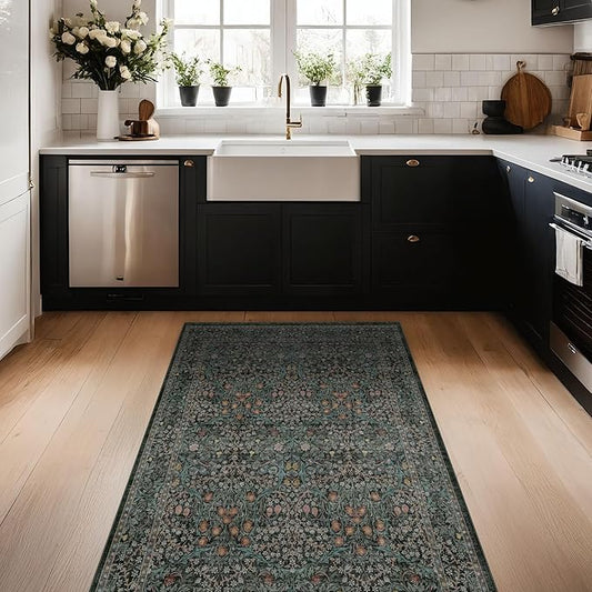 Dark Green Washable Entry Rug, 3x4 Rugs for Entryway Kitchen Bathroom Door Mat Indoor Entrance, Non Slip Rubber Backing, Stain & Fade Resistant, Vintage Floral Design