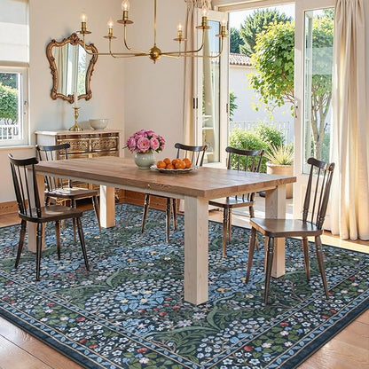 Lahome Floral Washable Rugs 8x10, Soft 8x10 Area Rugs for Living Room Bedroom, Boho Non-Slip Blue Forest Design Large Throw Carpet for Farmhouse Dining Room Office, Blue