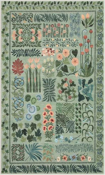 Floral Boho 3x5 Sage Green Bathroom Rugs, Washable Botanical Area Rugs for Entryway Bedroom, Non Slip Kitchen Floor Mat Indoor Throw Carpet for Laundry Living Room (Green,3 x 5)