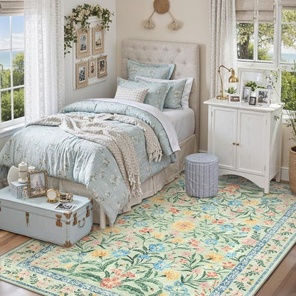 Lahome Washable 5x7 Area Rugs, Boho Pink and Green Floral Living Room Rug Non Slip, Vintage Girls Bedroom Indoor Carpet for Nursery Playroom Kitchen, Green/Multi