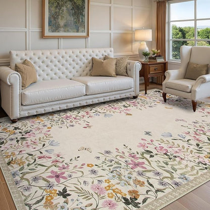 Wonnitar Washable 6x9 Area Rugs, Large Living Room Rug, Non-Slip Soft Floral Rugs for Bedroom, Botanical Area Rug Carpet for Dining Room Guest Room (Beige,6'x9')