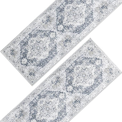 jinchan Kelda Runner Rug 2x5-2pcs Hallway Rug Kitchen Washable Runner Vintage Mat Retro Print Lightweight Non-Slip Floor Cover Distressed Thin Carpet for Entryway Bathroom Bedroom Laundry Room Grey