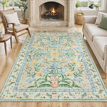 Lahome Sage Green 6x9 Bedroom Rugs, Boho Washable Rugs for Living Room, Soft Wool Carpet for Nursery, Vintage Low Pile Carpet for Kids Playroom Girls, Tea Green