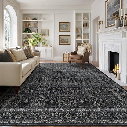 Vintage Charcoal Large Area Rugs 9x12 for Living Room, Earth Tone Dark Big Room Carpet Rug for Bedroom Dining Room, Washable Rug with Rubber Backing Low Pile Thin Soft for Family Room
