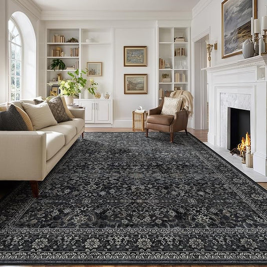 Vintage Charcoal Large Area Rugs 9x12 for Living Room, Earth Tone Dark Big Room Carpet Rug for Bedroom Dining Room, Washable Rug with Rubber Backing Low Pile Thin Soft for Family Room