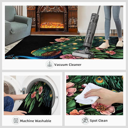 Peacock Peony Rugs for Bedroom - 5x7 Rug, Classic Peacock Peony Area Rugs for Living Room, Teal Turquoise Carpet, Floral Plant Washable Area Mat, Aesthetics Carpet - Peafowl Home Decor & Gifts