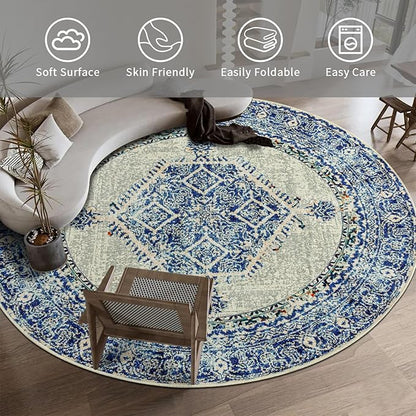 Easy-Going Round Rug 6ft Area Rug Washable Boho Circle Rugs for Living Room Non-Slip Bedroom Rug Low Pile Lightweight Medallion Distressed Throw Rug for Dining Room Kitchen Office, Vintage Blue Cream