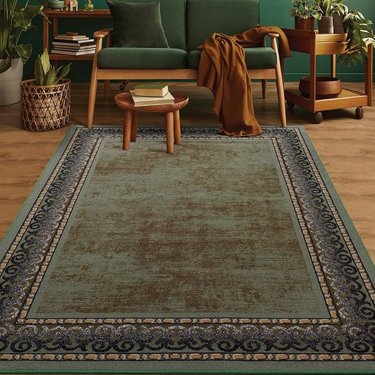 Antep Rugs Alfombras Bordered Modern 4x6 Non-Slip (Non-Skid) Low Pile Rubber Backing Indoor Area Rug (Green, 4' x 5'8")