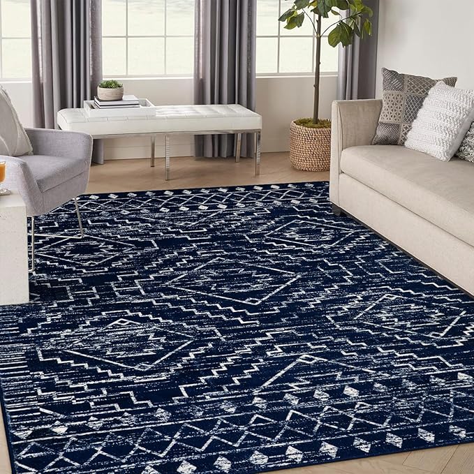 Wonnitar Moroccan Washable 9x12 Rug, Large Blue Rugs for Bedroom, Non-Slip Soft Living Room Area Rug, Boho Non-Shedding Ultra-Thin Floor Carpet for Dining Guest Room Home Office (Blue,9'x12')