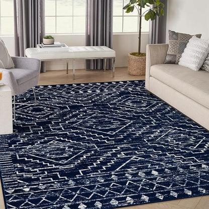 Wonnitar Moroccan Washable 9x12 Rug, Large Blue Rugs for Bedroom, Non-Slip Soft Living Room Area Rug, Boho Non-Shedding Ultra-Thin Floor Carpet for Dining Guest Room Home Office (Blue,9'x12')