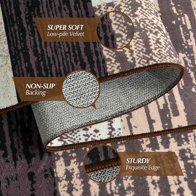 Indoor Runner Rug, Washable Runner Rug with Rubber Backing, Modern Geometric Patchwork Aesthetic Carpet for Bedroom, Living Room, Hallway, Entryway,Washable Rugs Rockwood Collection,2.7x10Ft Chocolate