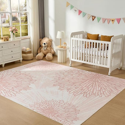 WITSHOCK Pink Rugs 7x9 for Bedroom Girls,Floral Modern Distress Print Pattern Carpet for Living Room Dining Room,Stain Resistant Anti Slip Backing Rugs for Kids Room Nursery Playroom,Light Pink
