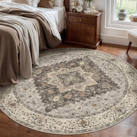 Tangsoo Vintage Round Rug 5ft, Washable Circle Rug, Non Slip Boho Round Area Rug, Low Pile Circular Rugs, Round Carpet for Bedroom,Livingroom,Nursery,Dorm,Office,Grey/Multi