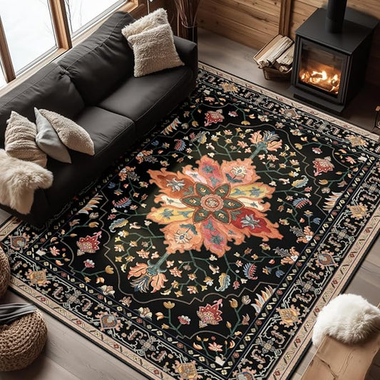 Area Rugs 7'x9' Washable Non-Slip, Floral Vintage Distress Print Pattern Medallion Carpet for Living Room Bedroom Dining Room, Black Colorful Floral Dark Tan