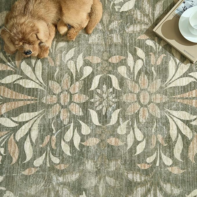 jinchan Vintage Floral Runner Rug 2x5 - Machine Washable Distressed Design Non-Slip Low-Pile Soft Thin Carpet for Hallway Kitchen Farmhouse Bedroom Entryway Laundry Room (2x5ft,Dark Green)