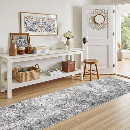 2X10 Washable Runner Rug for Hallway: Soft Neutral Modern Abstract Area Rug - Non-Slip Low Pile Long Throw Indoor Carpet for Kitchen Entryway Kitchen Bedroom Laundry - Grey
