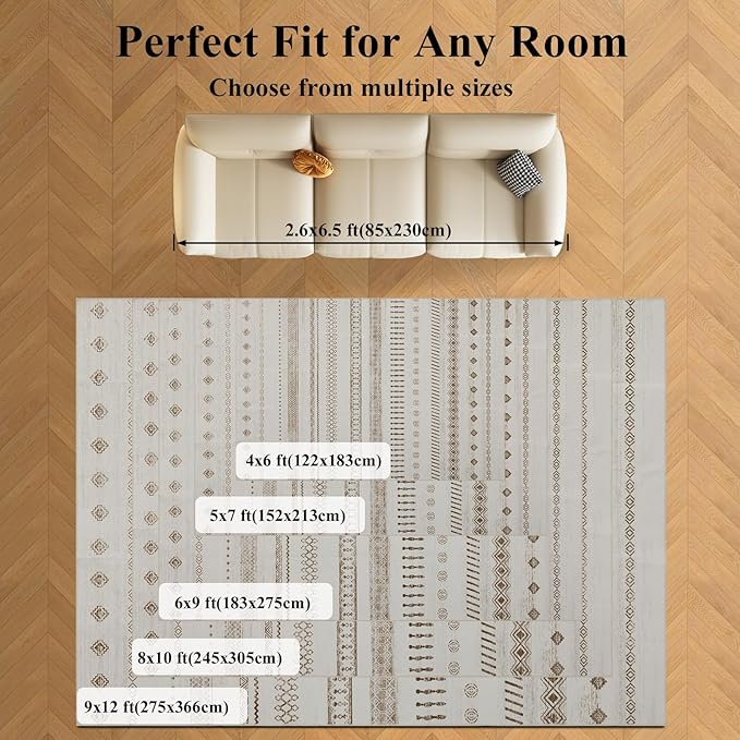 Washable Area Rugs 8x10, Large Rugs for Living Room, Carpet for Bedroom, Boho Soft Faux Wool Retro Dining Room Rug, Non-Slip Backing Resistant Low Pile Vintage Print Rug for Home Office(Beige)
