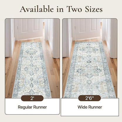 GENIMO Runner Rug 2'6''x10, Non Slip Vintage Hallway Runner Rugs, Low Pile Lightweight Machine Washable Mat for Hallway, Entryway, Bedroom, Kitchen and Corridor, Blue